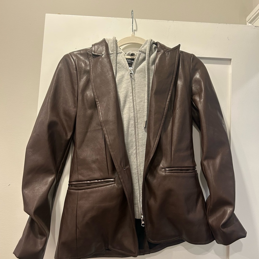 Central Park west Brown Leather Jacket / blazer with Hoodie Dickey